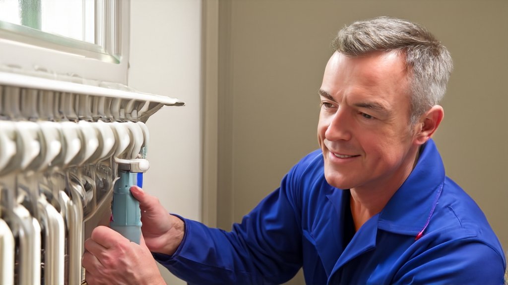 Illustrative heating engineer working beside a radiator