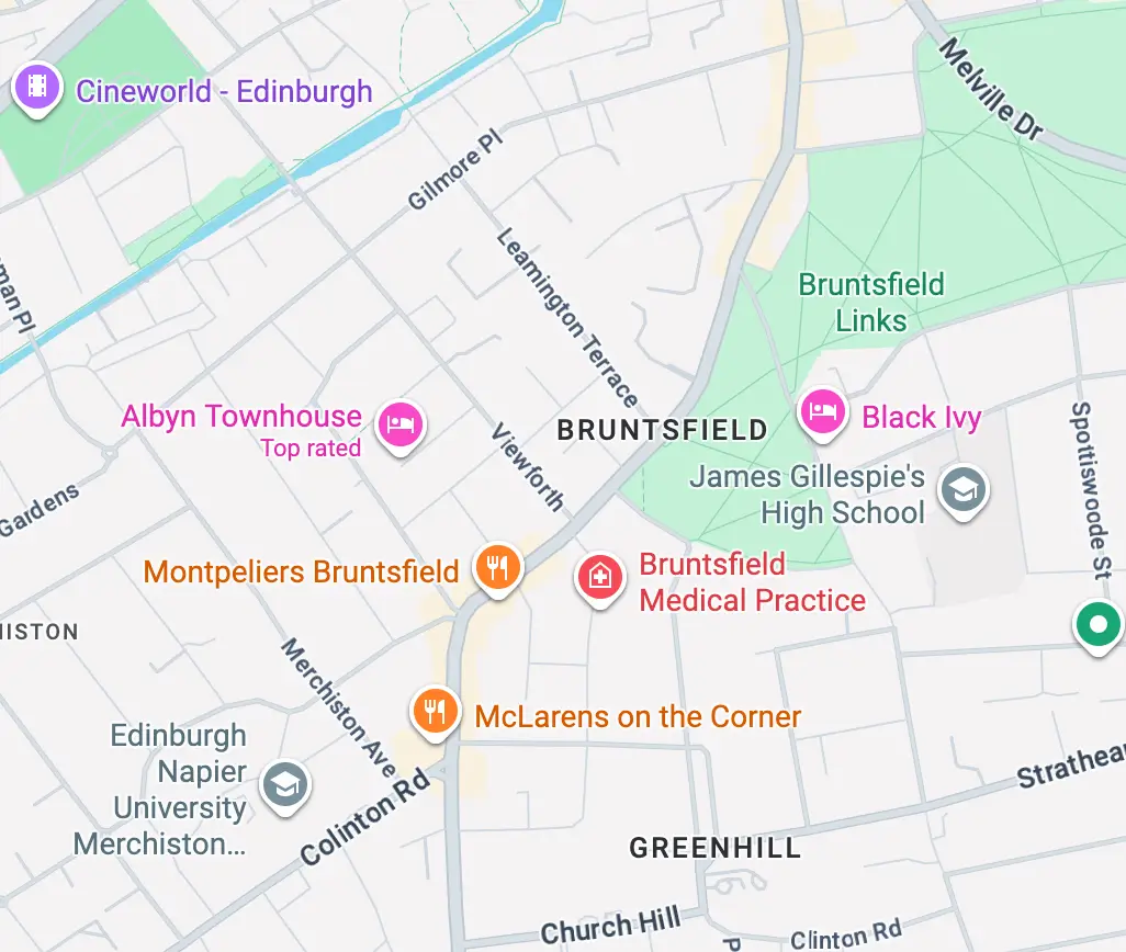 Map screenshot showing Bruntsfield, Edinburgh and surrounding streets