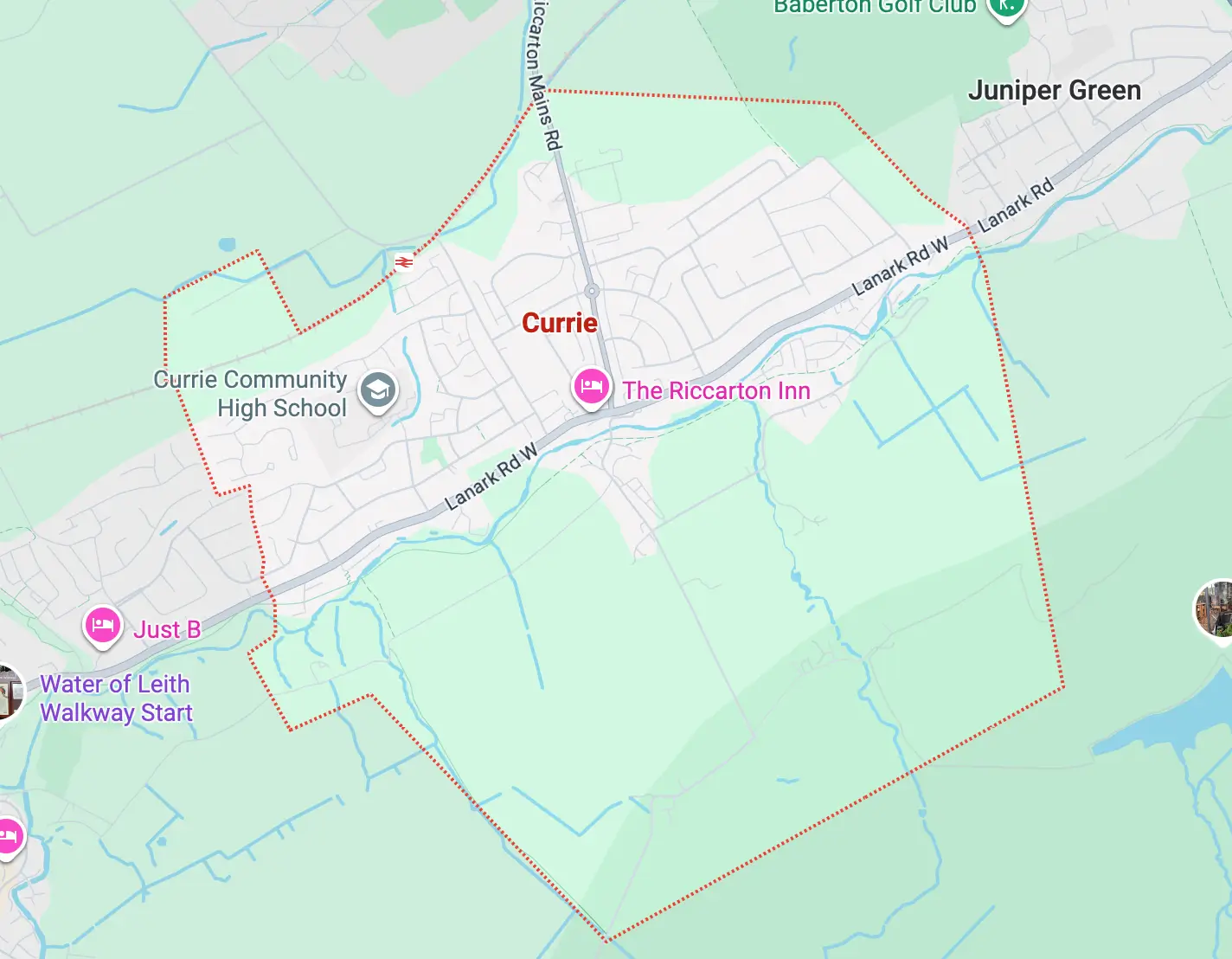 Map screenshot showing Currie, Edinburgh and surrounding streets