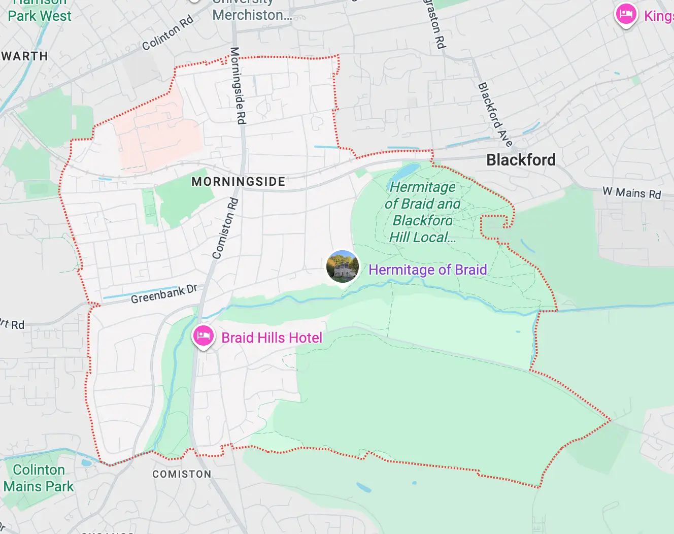 Map screenshot showing Morningside, Edinburgh and surrounding streets