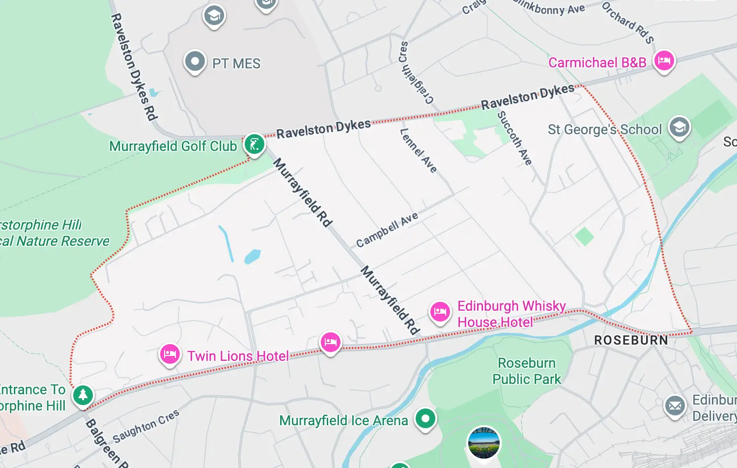 Map screenshot showing Murrayfield, Edinburgh and surrounding streets
